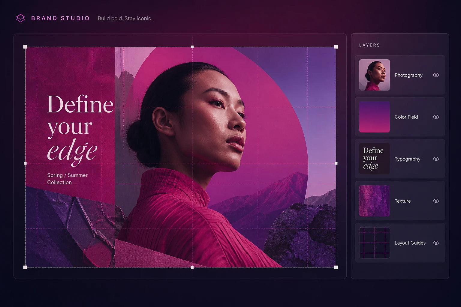 Premium visual brand studio with editorial campaign art and editable layers